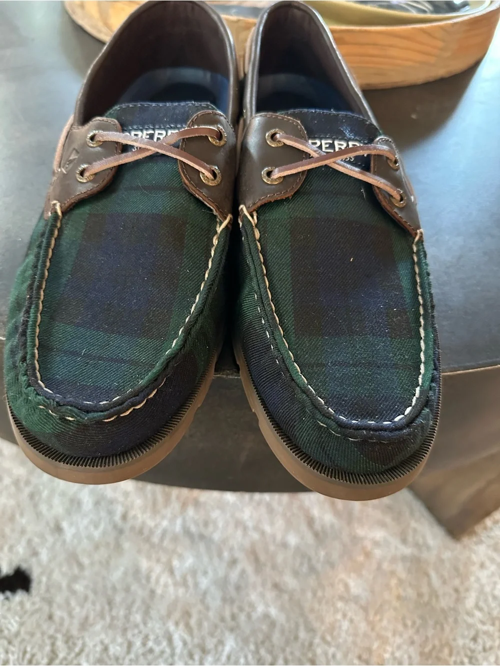 Sperry Green and Navy Plaid Leather-Trim Boat Shoes new